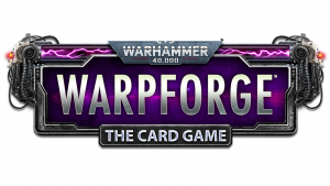Warhammer 40,000: Warpforge The Card game logo. It displays the name framed in a steel frame with skulss on the sides.