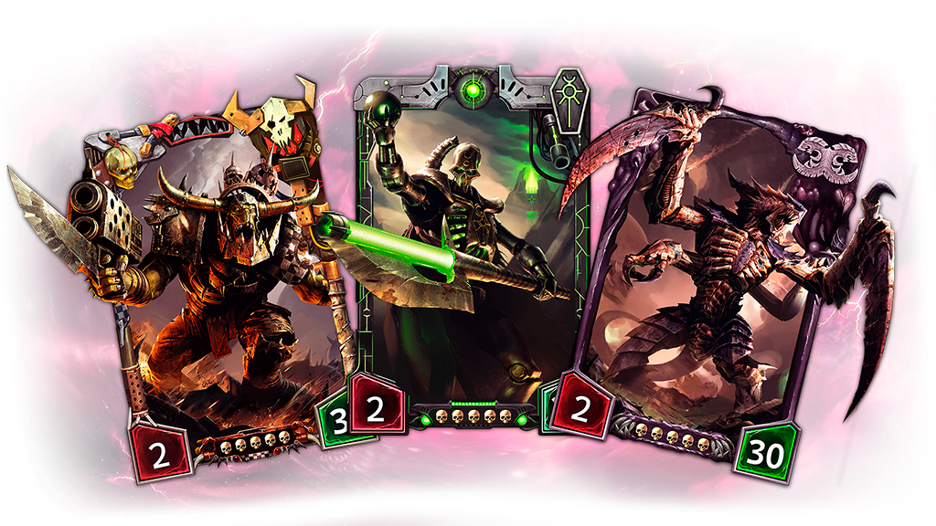 Three collectible cards representing the factions of orks, tyranids and necrons.